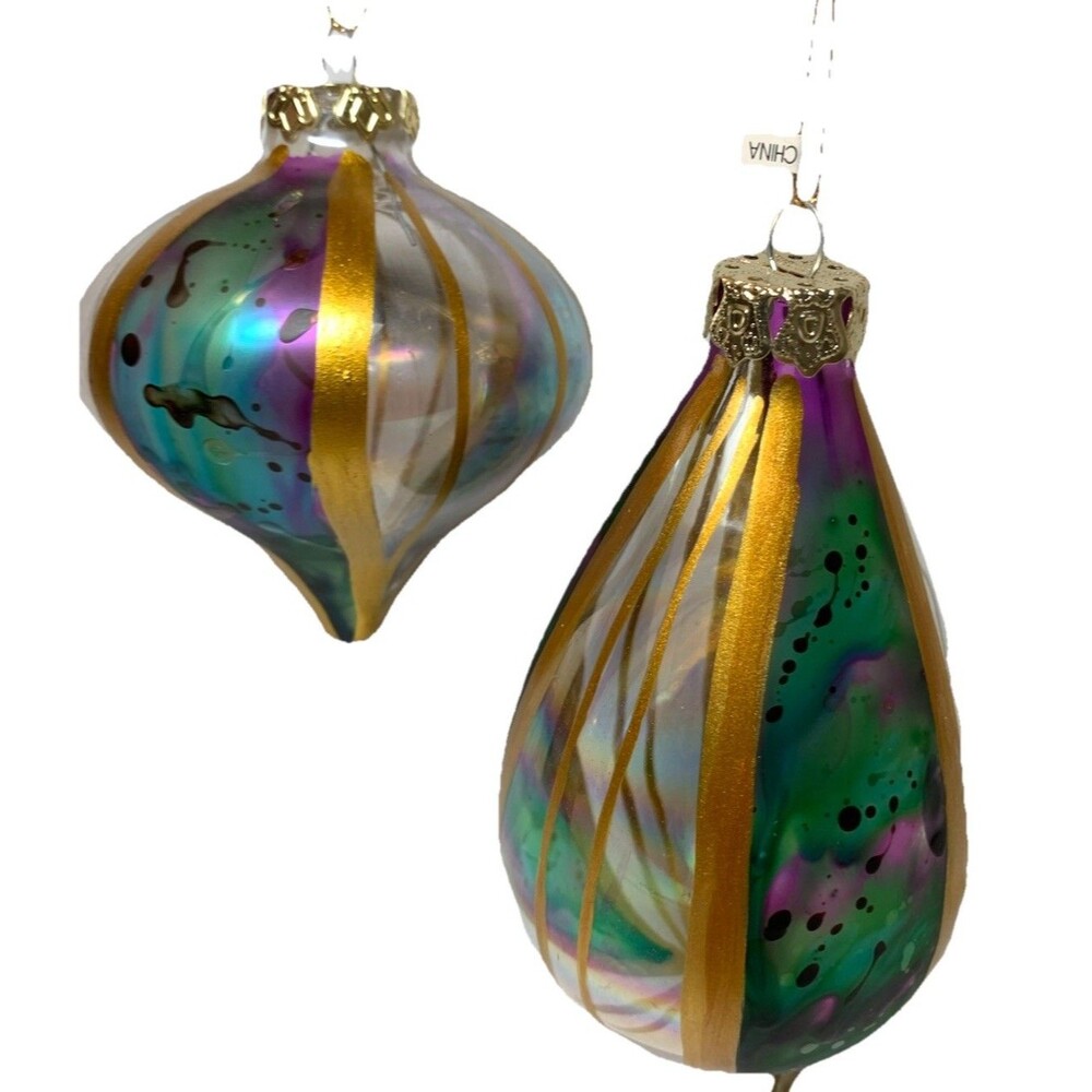 Christmas Ornaments Striped Iridescent Artsy Holiday Decoration Lot Of Two
